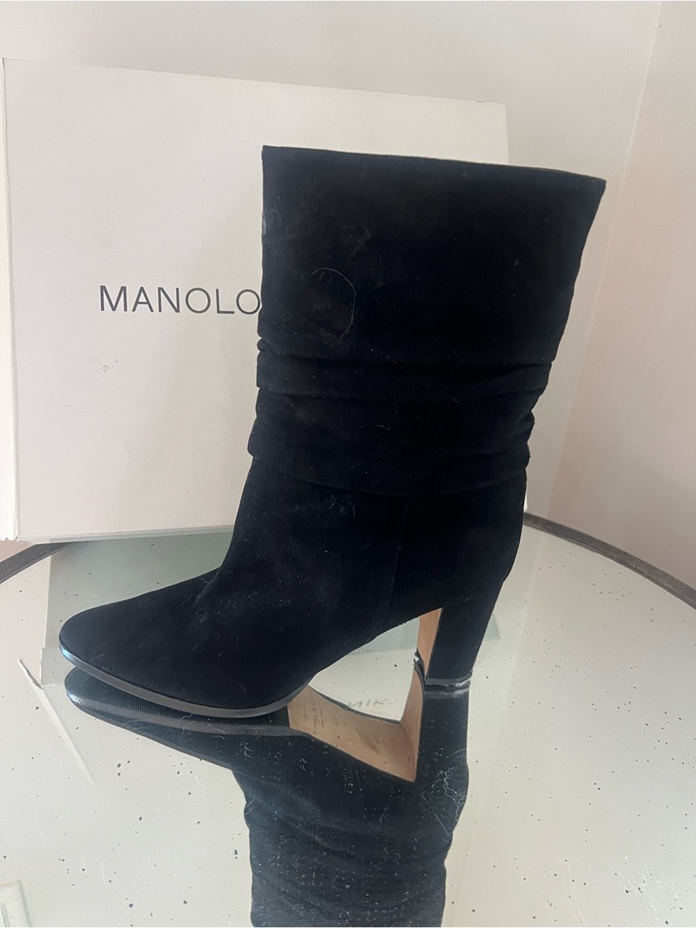 Manolo Blahnik Black Suede Slouchy Mid-Calf Heel Boot